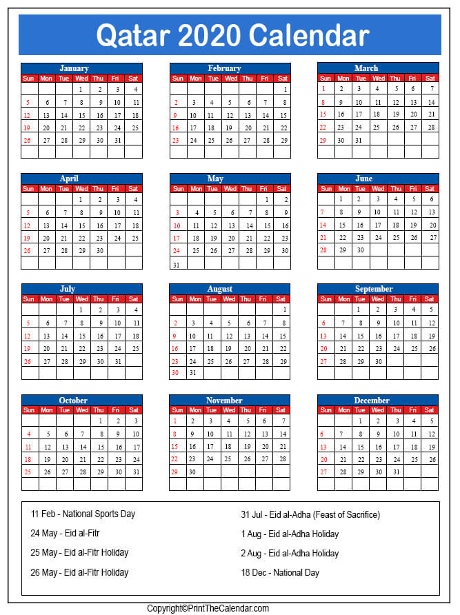 Qatar Calendar 2020 with Qatar Public Holidays